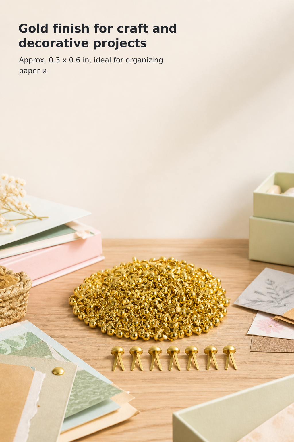 Gold Metal Paper Fasteners – 0.3 × 0.6 Inches