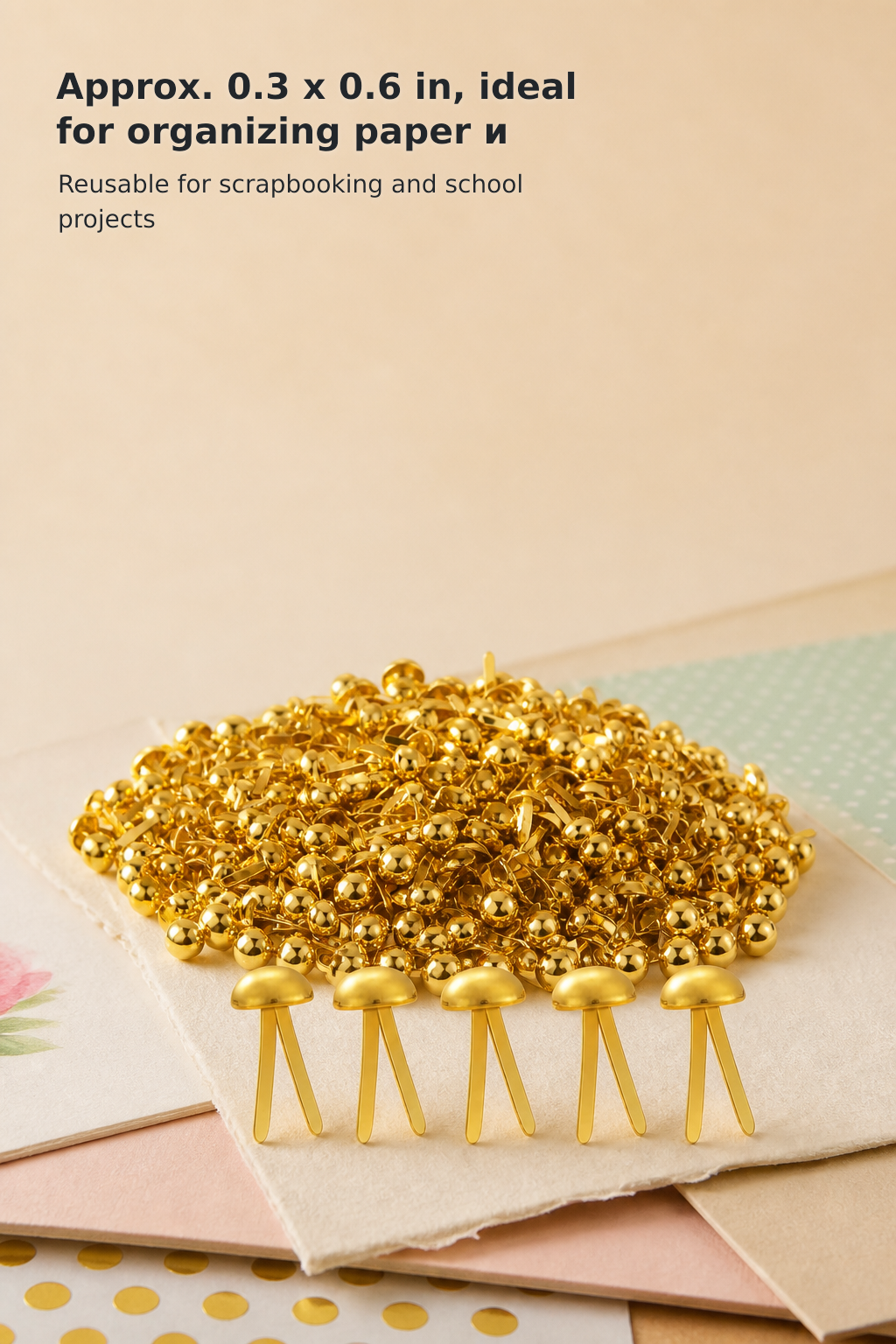 Gold Metal Paper Fasteners – 0.3 × 0.6 Inches